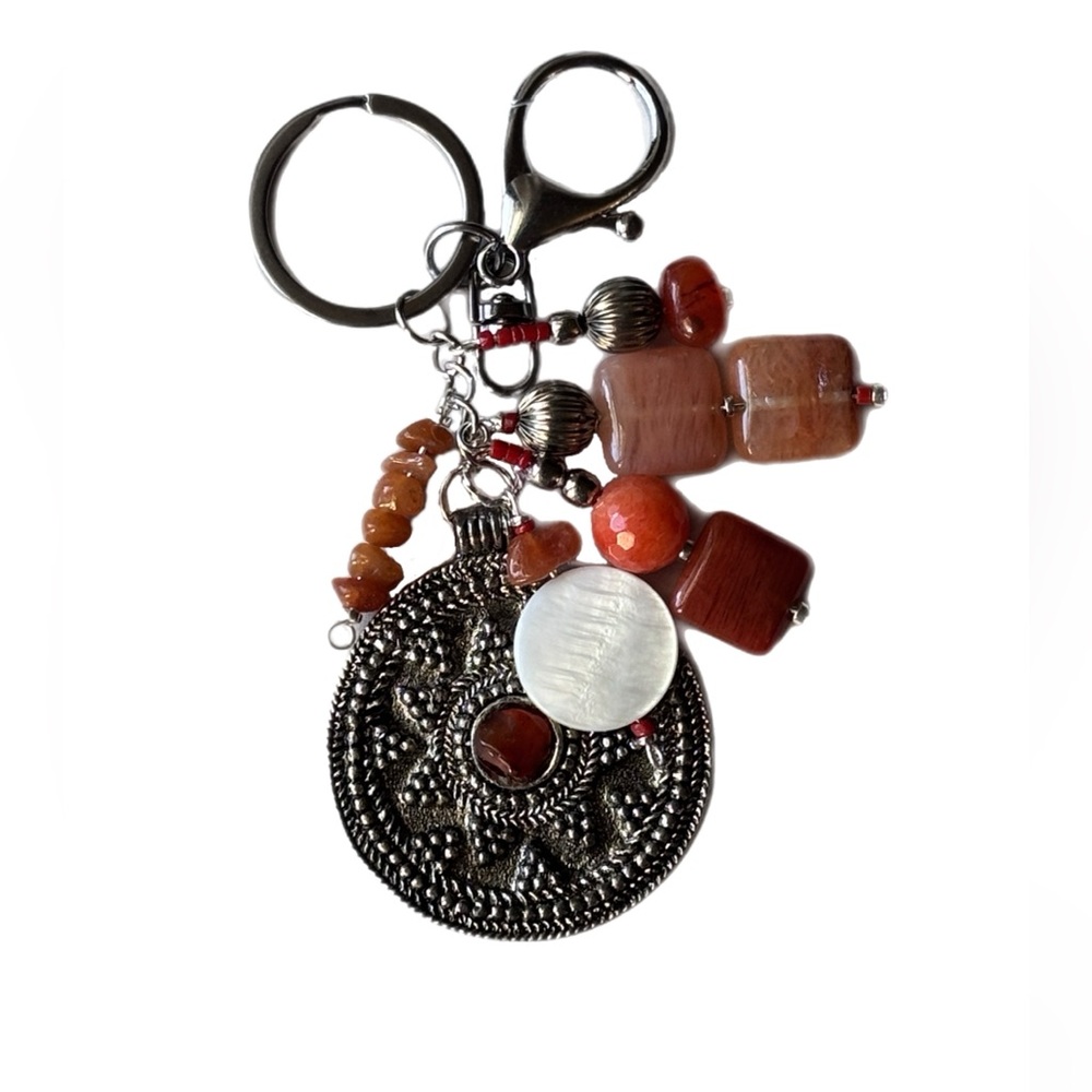 Artistic Silver and Orange Keychain or Bag Charm Upcycled Handmade